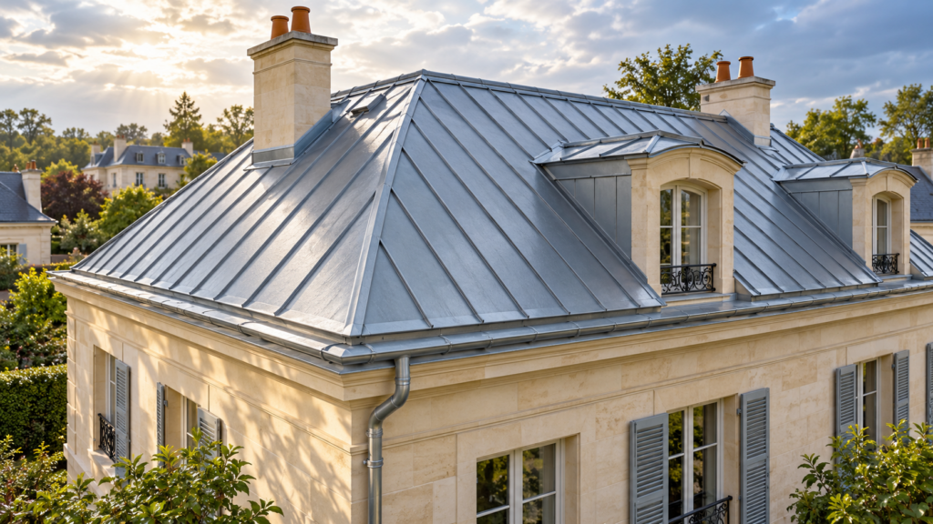 Maison en pierre claire avec toiture en zinc à joints debout, gouttière et descente pluviale.
