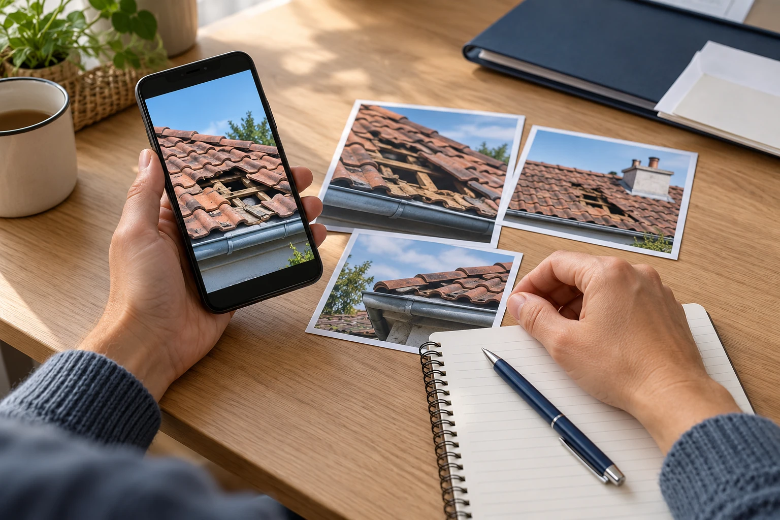 Un particulier rassemble des documents et consulte une photo de tuiles abîmées sur son téléphone.
