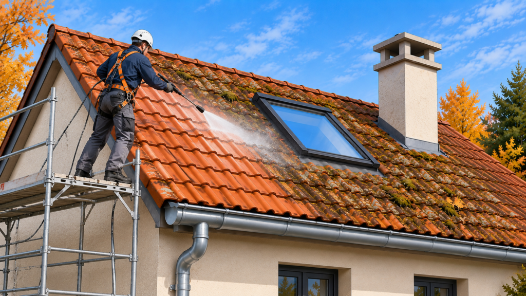 Couvreur au travail pour nettoyer la couverture dans les Yvelines 78
