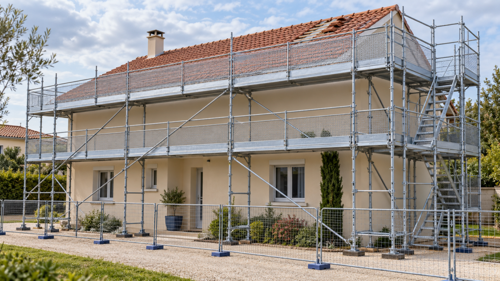 Échafaudage pour travaux de couverture installé autour d’une maison, avec garde-corps grillagés et tour escalier.