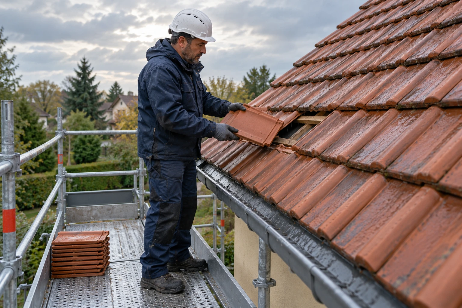 Un couvreur pose une tuile compatible pour réparer des tuiles après une tempête, depuis un échafaudage avec garde-corps.