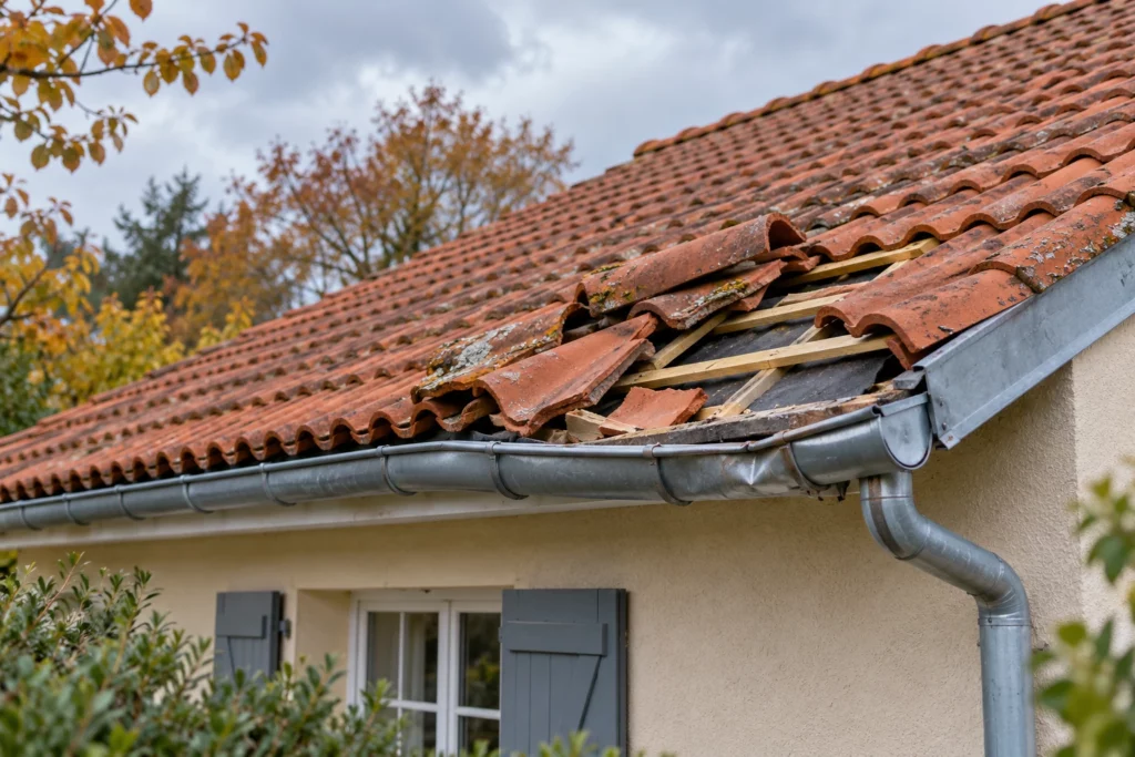 Toiture endommagée par une tempête, avec des tuiles déplacées et une gouttière en zinc déformée.