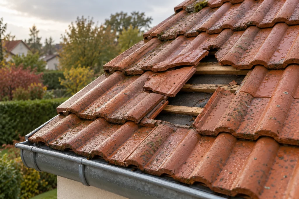 Tuiles de terre cuite cassées et déplacées sur la toiture d’une maison après des vents violents.
